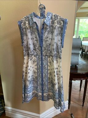 Hale Bob White Dress with Blue Paisley Border